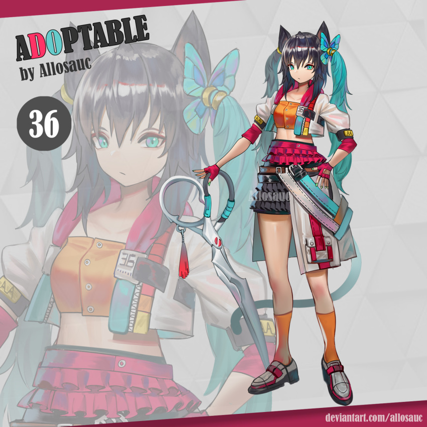 1girl adoptable allosauc animal_ears ankle_socks aqua_eyes artist_name belt belt_buckle black_belt black_hair black_skirt blue_hair border buckle butterfly_hair_ornament buttons cat_ears cat_tail closed_mouth collarbone commentary cropped_jacket deviantart_username english_commentary english_text fingerless_gloves frilled_skirt frills full_body gloves green_nails grey_background hair_ornament hand_on_own_hip highres holding holding_scissors hood hood_down hooded_jacket jacket light_frown long_hair long_sleeves looking_at_viewer midriff miniskirt multicolored_hair multiple_belts nail_polish open_clothes open_jacket orange_socks orange_tube_top original oversized_object pink_belt pink_border pink_gloves pink_hood puffy_long_sleeves puffy_sleeves scissors shoes skirt sleeves_past_elbows sneakers socks solo strapless tail triangle_background tube_top twintails two-tone_hair very_long_hair white_footwear white_jacket white_sleeves zipper