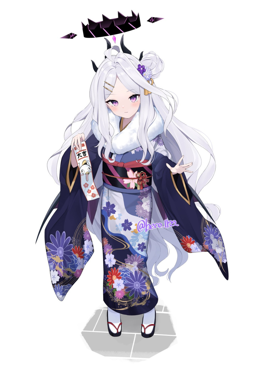 1girl alternate_costume beko_(beco_1122) blue_archive closed_mouth commentary_request demon_horns floral_print flower full_body fur-trimmed_kimono fur_trim hair_bun hair_flower hair_ornament hairclip halo head_tilt highres hina_(blue_archive) horns japanese_clothes kimono long_hair long_sleeves looking_at_viewer obi obiage obijime omikuji parted_bangs purple_eyes purple_flower sash simple_background solo standing tabi very_long_hair white_background white_hair wide_sleeves zouri