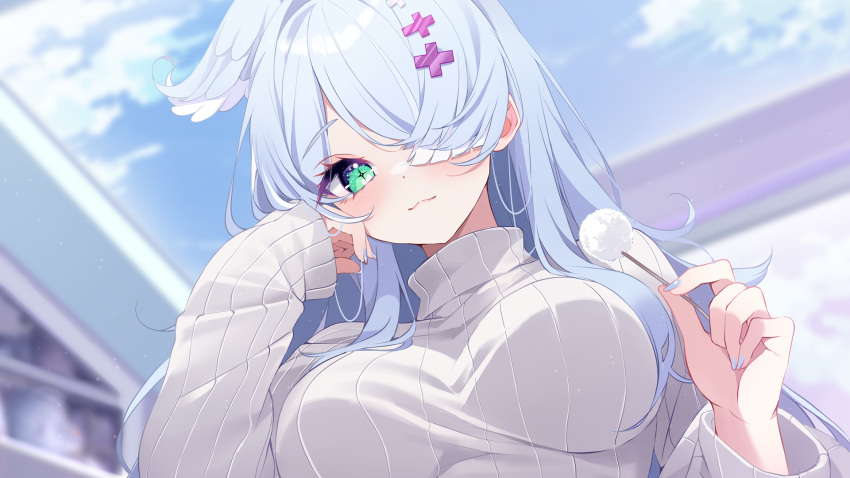 1girl :3 artist_name blue_hair blue_nails breasts commentary deyui elira_pendora english_commentary green_eyes hair_ornament hair_over_one_eye hair_wings highres holding lap_pov large_breasts long_hair looking_at_viewer mimikaki nijisanji nijisanji_en ribbed_sweater sky smile solo sweater upper_body virtual_youtuber white_sweater