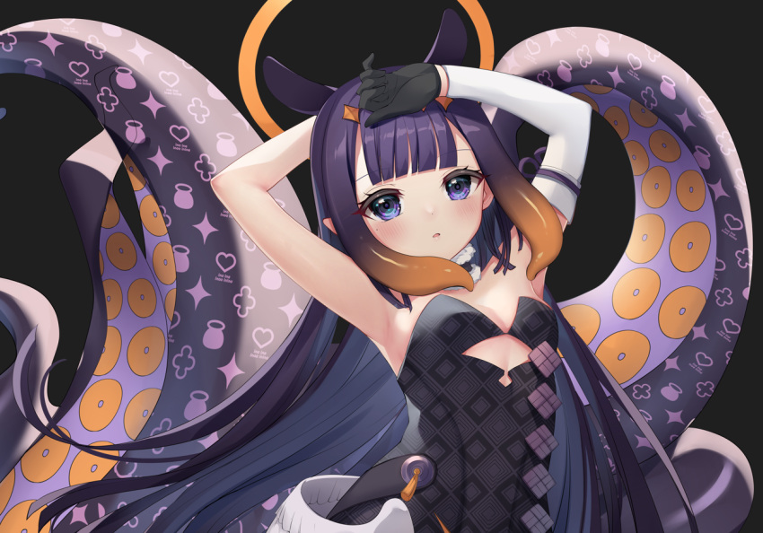 1girl animal_ears armpits arms_up blunt_bangs blush breasts choker clothing_cutout detached_sleeves fur-trimmed_choker fur_trim gloves hair_ornament halo hololive hololive_english ikazu401 leotard long_hair looking_at_viewer low_wings mole mole_under_eye ninomae_ina'nis ninomae_ina'nis_(1st_costume) orange_hair parted_lips purple_eyes purple_hair single_detached_sleeve small_breasts solo strapless strapless_leotard tentacle_hair tentacles very_long_hair virtual_youtuber wings