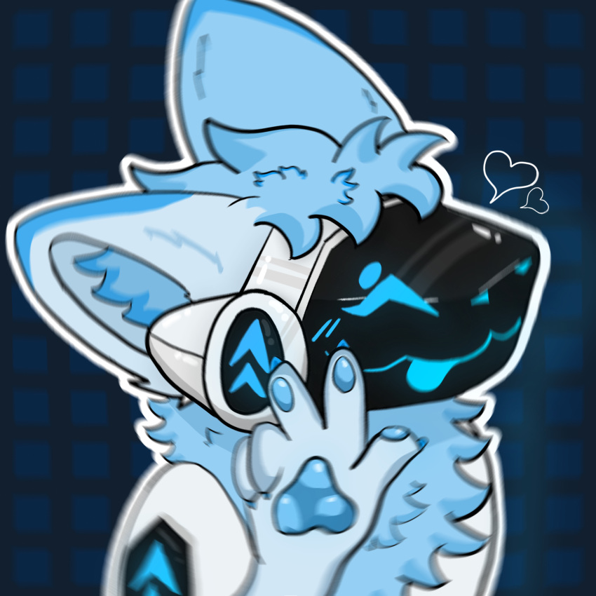 &lt;3 1:1 anthro azure_(floo) blep blue_body blue_fur blue_hair blurred_background floo fluffy fluffy_ears fluffy_hair fur gesture hair hi_res icon machine male motion_blur neck_tuft outline outline_heart paws protogen protogen_visor smile tongue tongue_out tuft v_sign