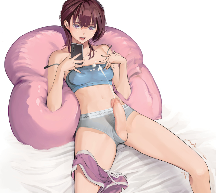 1girl breasts brown_hair cellphone censored cum ejaculation erection futanari grey_panties handsfree_ejaculation highres holding holding_phone lying medium_breasts medium_hair mole mole_under_eye mosaic_censoring navel on_back open_mouth original panties penis phone projectile_cum purple_eyes revision shiratama_(monster1553) shorts shorts_around_one_leg smartphone solo strap_slip underwear