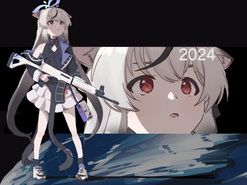 1girl 2024 :o animal_ears assault_rifle bag black_dress black_hair black_jacket black_socks blue_archive blue_halo clich51368861 commentary diamond_cutout dot_nose dress earth_(planet) grey_hair gun gundam gundam_0083 halo highres holding holding_gun holding_weapon jacket kokona_(blue_archive) light_blush long_hair long_sleeves looking_up multicolored_hair multiple_views off_shoulder open_clothes open_jacket open_mouth orange_eyes parody planet qbz-03 rifle shadow shoes shoulder_bag sidelocks single_bare_shoulder skirt sneakers socks standing streaked_hair striped striped_dress striped_jacket tiger_ears tiger_girl trigger_discipline vertical-striped_dress vertical-striped_jacket vertical_stripes very_long_hair weapon white_footwear white_skirt