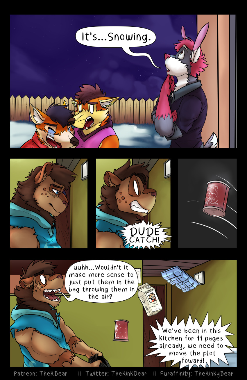 absurd_res anthro beverage_can bodily_fluids canid canine clenched_teeth comic crying detailed_background dialogue dude_lyena english_text felid fox group hi_res hyaenid hybrid incest_(lore) inside johnny_bunny lagomorph leporid lion male mammal open_mouth outside pantherine rabbit raseme rauke simple_eyes tears teeth text thekinkybear
