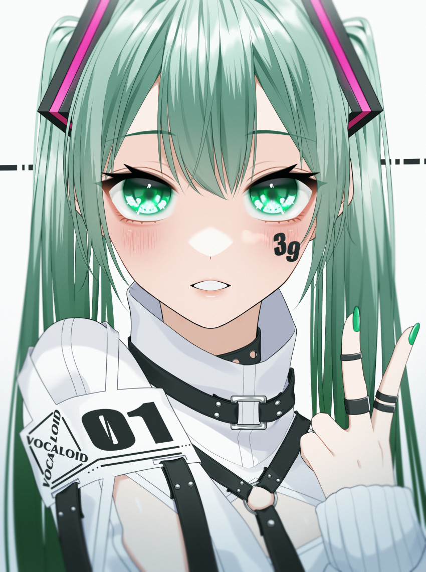 1girl 39 armband blush chest_harness cleavage_cutout clothing_cutout copyright_name dotted_line facial_mark green_eyes green_hair grin hair_ornament harness hatsune_miku high_collar highres long_hair looking_at_viewer nail_polish smile solo twintails upper_body v vocaloid wanko_(yurika0320)