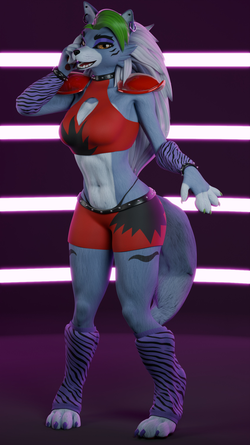 3d_(artwork) 4k 9:16 absurd_res anthro biped blender_(software) breasts canid canine canis cleavage clothed clothing digital_media_(artwork) ear_piercing ear_ring female five_nights_at_freddy's five_nights_at_freddy's:_security_breach fur hair hi_res looking_at_viewer mammal open_mouth piercing ring_piercing rosecreates roxanne_wolf_(fnaf) scottgames shoulder_pads simple_background smile solo steel_wool_studios tail topwear white_body white_fur wolf