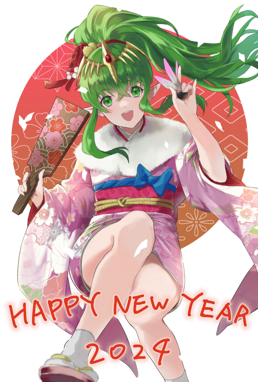 1girl 2024 :d alternate_costume fire_emblem fire_emblem:_mystery_of_the_emblem flower green_eyes green_hair gusi615 hair_ornament hand_fan happy_new_year highres holding holding_fan holding_flower japanese_clothes kanzashi kimono kinchaku long_hair long_sleeves new_year obi open_mouth pink_kimono pointy_ears ponytail pouch sash simple_background smile solo tabi tiara tiki_(fire_emblem) tiki_(young)_(fire_emblem) white_background wide_sleeves zouri