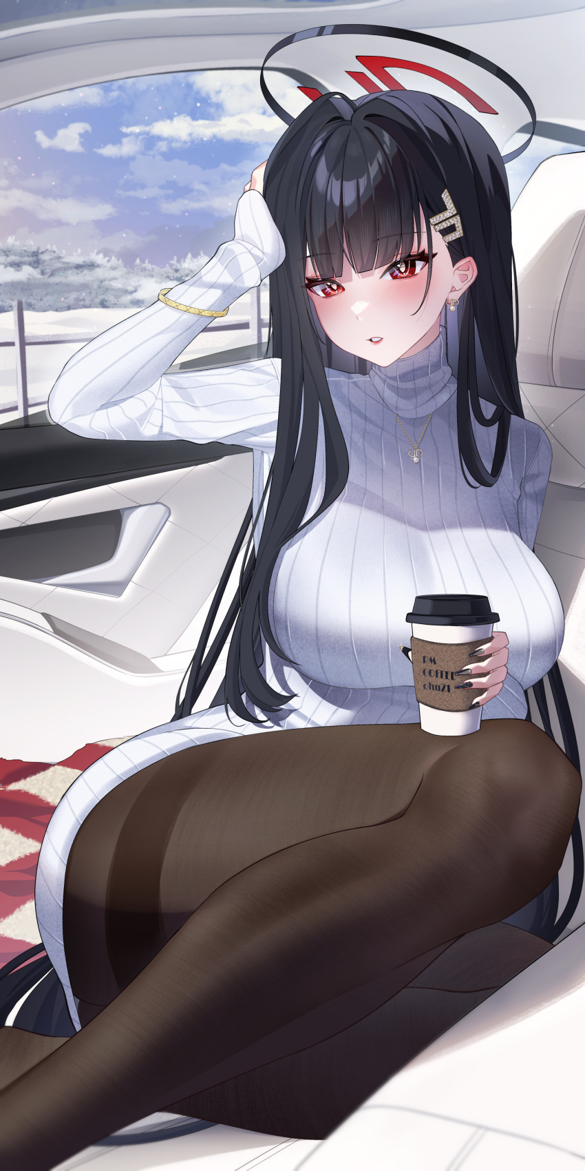 1girl absurdres aqua74286 black_hair black_pantyhose blue_archive blush breasts bright_pupils cup disposable_cup drink hair_ornament hairclip halo highres holding holding_drink jewelry large_breasts long_hair long_sleeves looking_at_viewer necklace on_vehicle pantyhose red_eyes rio_(blue_archive) solo sweater turtleneck turtleneck_sweater very_long_hair white_sweater