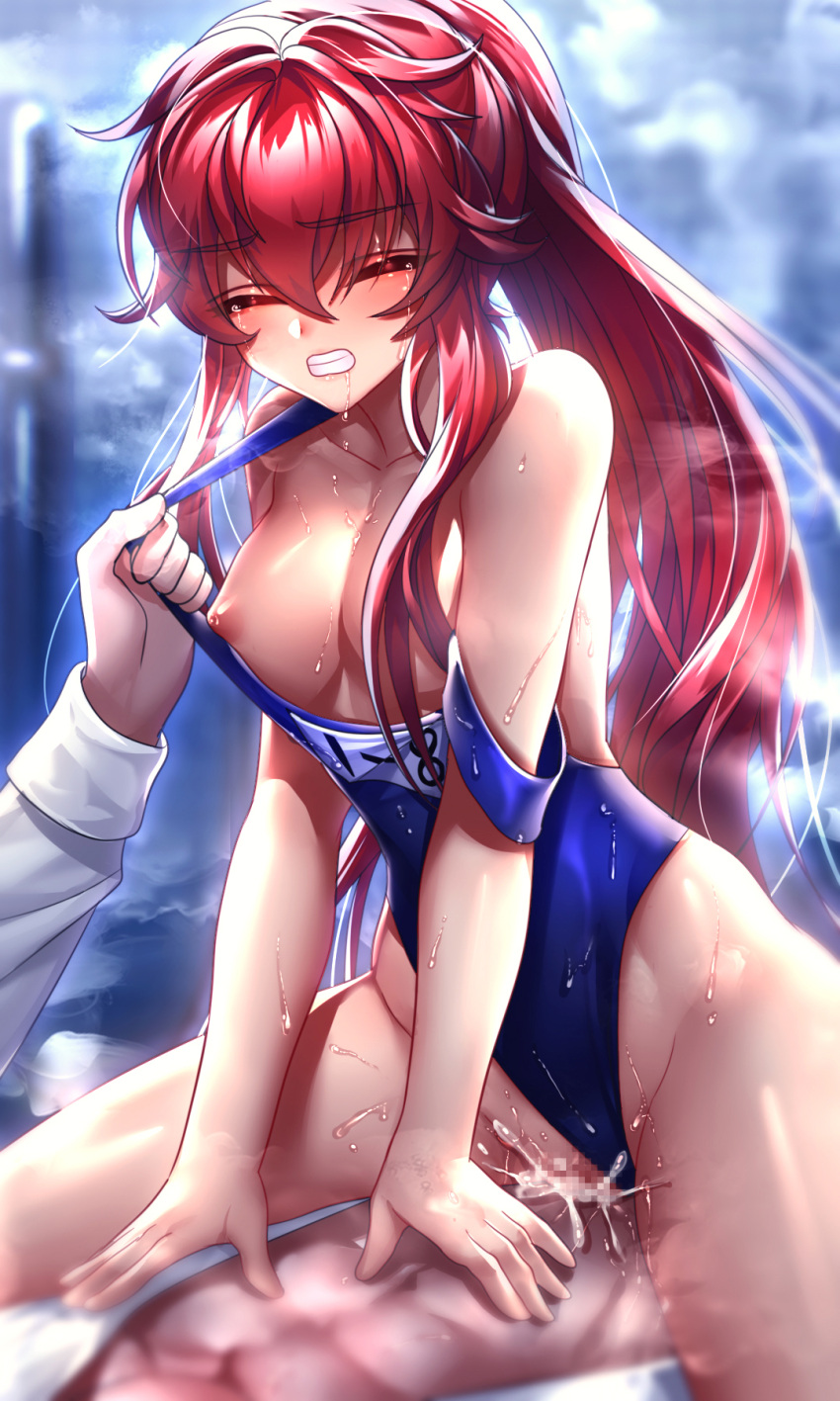 1boy 1girl bangs been blue_swimsuit blush breasts censored clenched_teeth closed_eyes collarbone cowgirl_position crying cum cum_in_pussy dress_shirt drooling elesis_(elsword) elsword eyebrows_visible_through_hair girl_on_top hair_between_eyes hetero highleg highleg_swimsuit highres long_hair long_sleeves medium_breasts mosaic_censoring nipples off_shoulder open_clothes open_shirt ponytail red_hair sex shiny shiny_hair shirt straddling swimsuit swimsuit_aside swimsuit_pull teeth vaginal very_long_hair white_shirt
