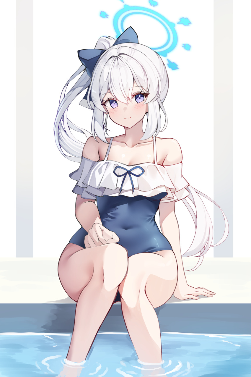 1girl absurdres bare_arms bare_legs bare_shoulders black_one-piece_swimsuit blue_archive blue_halo blush breasts closed_mouth collarbone feet_out_of_frame frilled_one-piece_swimsuit frills grey_hair hair_between_eyes halo highres long_hair looking_at_viewer miyako_(blue_archive) miyako_(swimsuit)_(blue_archive) off-shoulder_one-piece_swimsuit off_shoulder official_alternate_costume official_alternate_hairstyle one-piece_swimsuit ponytail pool purple_eyes small_breasts smile sob_(submar1089) solo swimsuit water