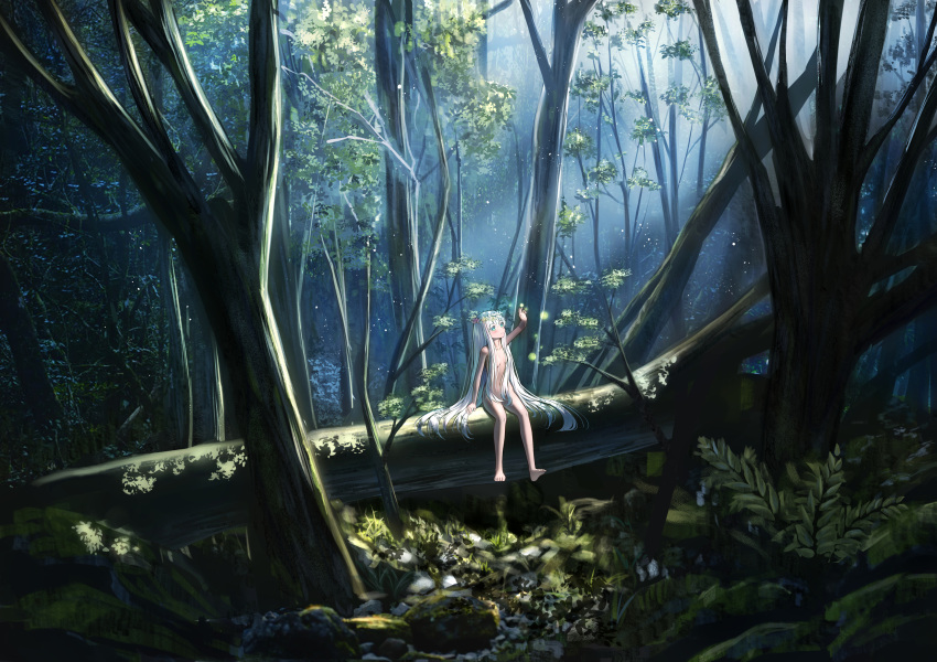 1girl absurdres aqua_eyes completely_nude fallen_tree flower_wreath forest grass hair_over_breasts hair_over_crotch head_wreath highres in_tree long_hair nature nay nude original outstretched_arm rock scenery sitting sitting_in_tree solo tree very_long_hair white_hair