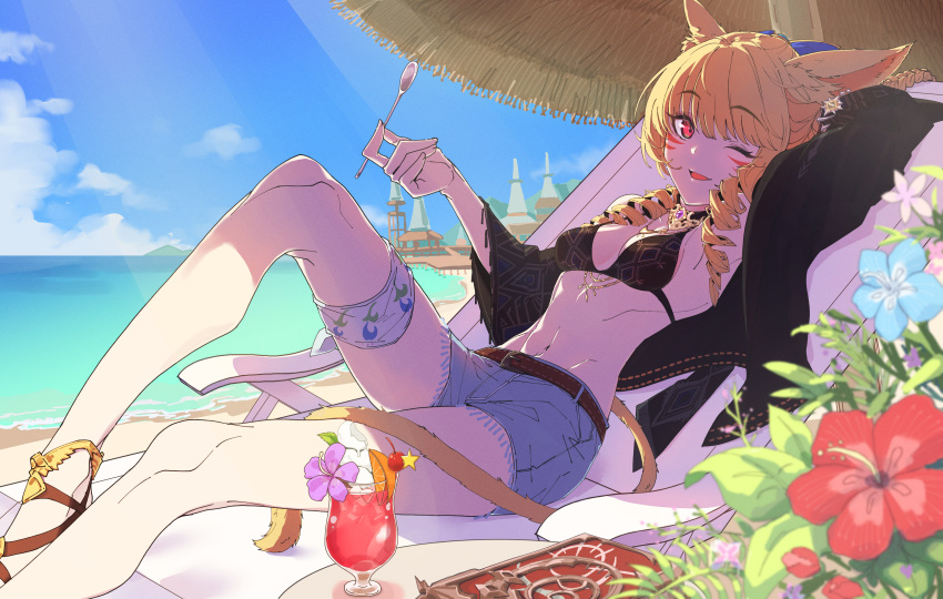 1girl absurdres arm_behind_head beach beach_chair belt bikini black_bikini black_jacket blonde_hair blue_flower blue_shorts blue_sky breasts cat_tail cloud cocktail_glass cup curly_hair drinking_glass feet_out_of_frame final_fantasy final_fantasy_xiv flower flower_in_drink highres holding holding_spoon jacket jewelry knee_up looking_at_viewer miqo'te navel necklace ocean one_eye_closed open_clothes open_jacket open_mouth parasol pier plant potted_plant red_eyes red_flower sandals shiratama_(siratama5656) shorts sitting sky small_breasts smile solo spoon swimsuit tail thigh_strap twintails umbrella warrior_of_light_(ff14)