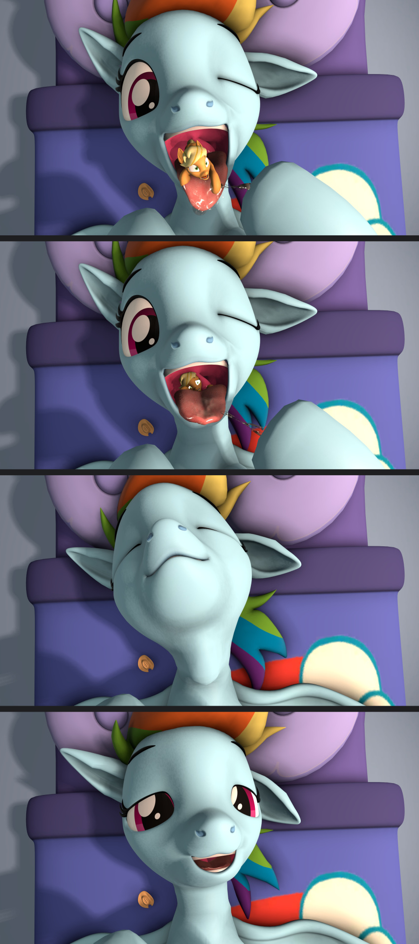 3d_(artwork) absurd_res applejack_(mlp) bed bedroom bodily_fluids comic digital_media_(artwork) duo earth_pony equid equine female female/female feral friendship_is_magic furniture hasbro hi_res horse mammal my_little_pony one_eye_closed pegasus pony rainbow_dash_(mlp) saliva saliva_string size_difference source_filmmaker stuffguy123 swallowing unwilling_prey uvula vore wings wink