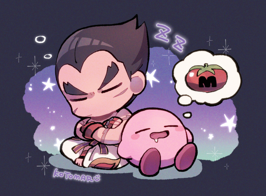 1boy black_hair blush_stickers chibi closed_eyes closed_mouth crossed_arms drooling fingerless_gloves gloves indian_style kirby kirby_(series) kotorai male_focus maxim_tomato mishima_kazuya mouth_drool no_nose pants red_gloves scar scar_on_cheek scar_on_face sitting sleeping sleeping_upright star_(symbol) super_smash_bros. tekken thought_bubble v-shaped_eyebrows white_pants zzz