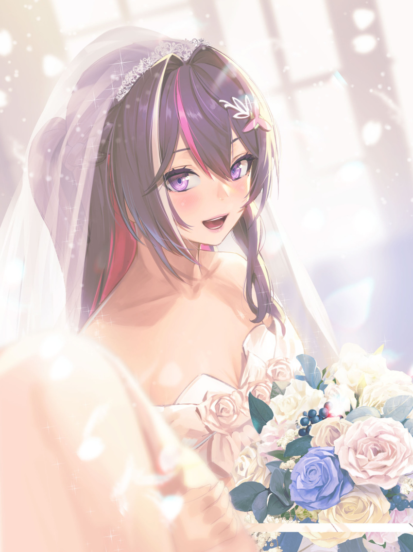 1girl :d absurdres azki_(hololive) blue_flower blue_rose blush bouquet breasts bridal_veil brown_hair cleavage collarbone dress dutch_angle flower hair_between_eyes hair_ornament highres holding holding_bouquet hololive long_hair looking_at_viewer multicolored_hair open_mouth purple_eyes rose small_breasts smile solo strapless strapless_dress streaked_hair takami_masahiro upper_body veil virtual_youtuber wedding wedding_dress white_dress white_flower white_rose