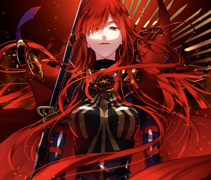 1girl absurdres black_bodysuit bodysuit cape collared_cape family_crest fate/grand_order fate_(series) hair_over_one_eye highres jswm72 looking_at_viewer medallion oda_nobunaga_(fate) oda_nobunaga_(maou_avenger)_(fate) oda_uri parted_lips popped_collar red_background red_cape red_eyes red_hair red_theme solo tight_top upper_body