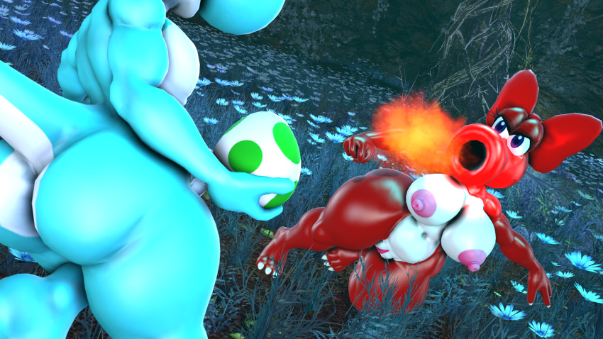 16:9 3d_(artwork) accessory action_pose angry anthro big_breasts big_butt birdo breasts butt curvy_figure daemont92 digital_media_(artwork) dinosaur duo egg eyelashes female fight fire fireball genitals hair_accessory hair_bow hair_ribbon hi_res male male/female mario_bros nintendo nipples nude penis pose pussy reptile ribbons scalie source_filmmaker thick_thighs video_games voluptuous wide_hips widescreen yoshi