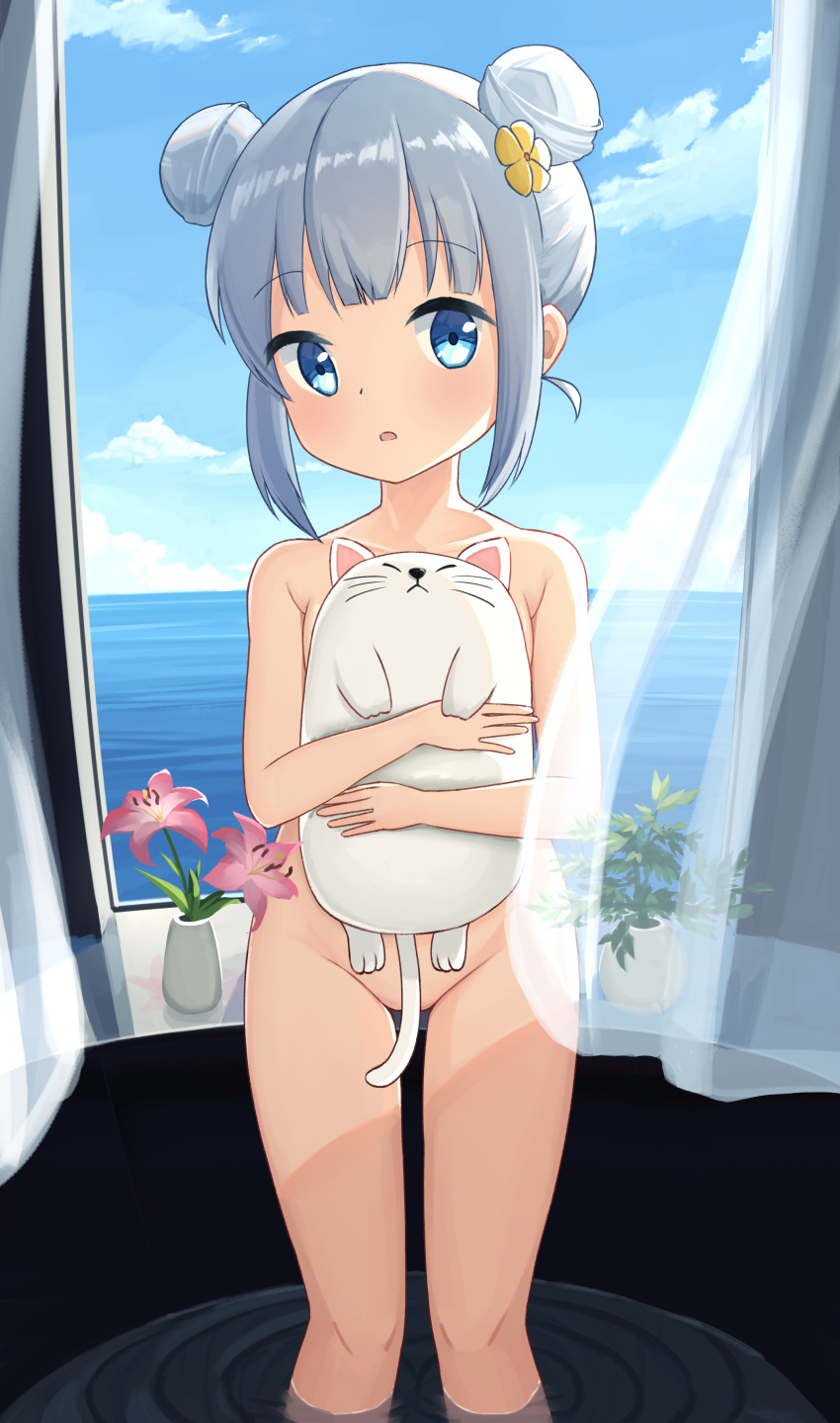 1girl absurdres animal blue_eyes blue_sky cat cloud completely_nude convenient_censoring curtains double_bun flower grey_hair groin hair_bun hair_flower hair_ornament highres holding holding_animal holding_cat looking_at_viewer maju_(white_471glacia) maju_magical nude ocean original short_hair sky solo standing vase window