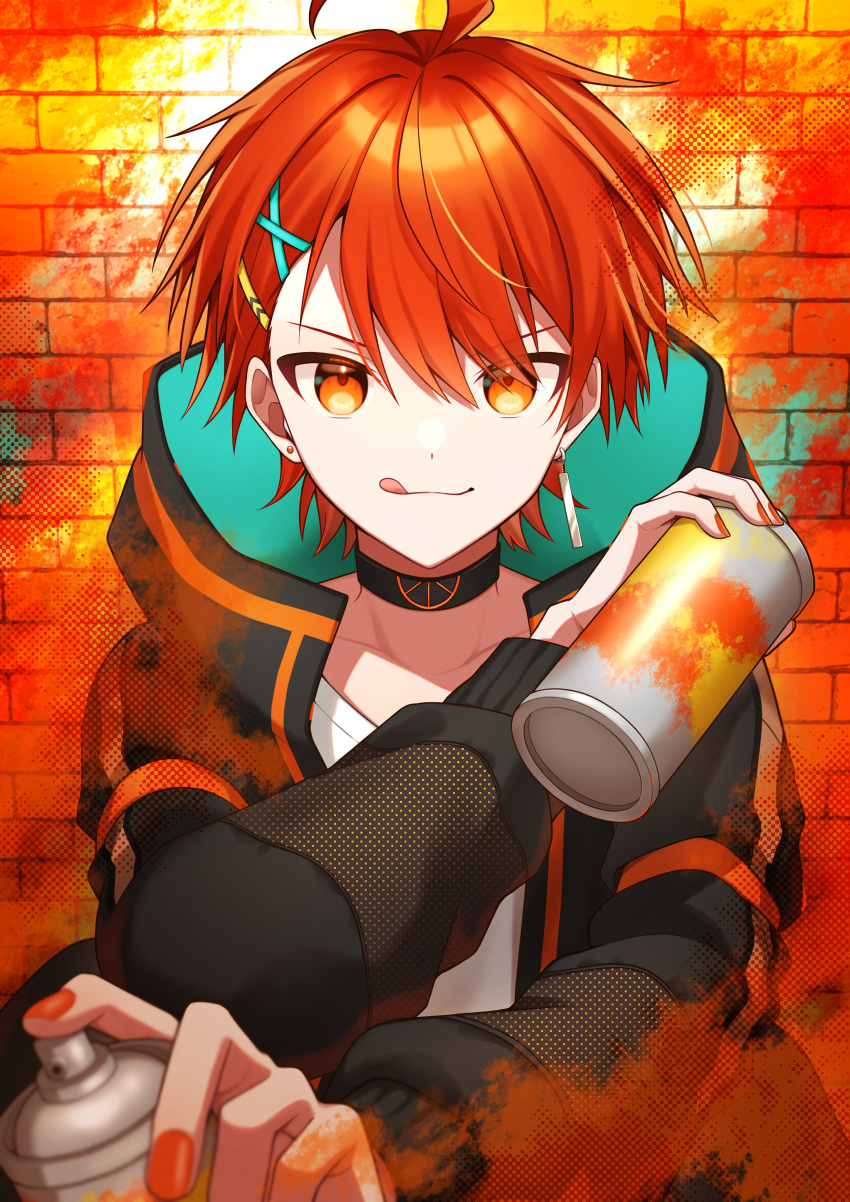 1boy :3 absurdres ahoge brick_wall choker earrings hair_ornament hairclip highres holding hood hood_down hoodie jewelry long_sleeves looking_at_viewer male_focus mismatched_earrings nail_polish orange_eyes original short_hair smile solo spray_can spray_paint straight-on teneko02 tongue tongue_out upper_body v-shaped_eyebrows