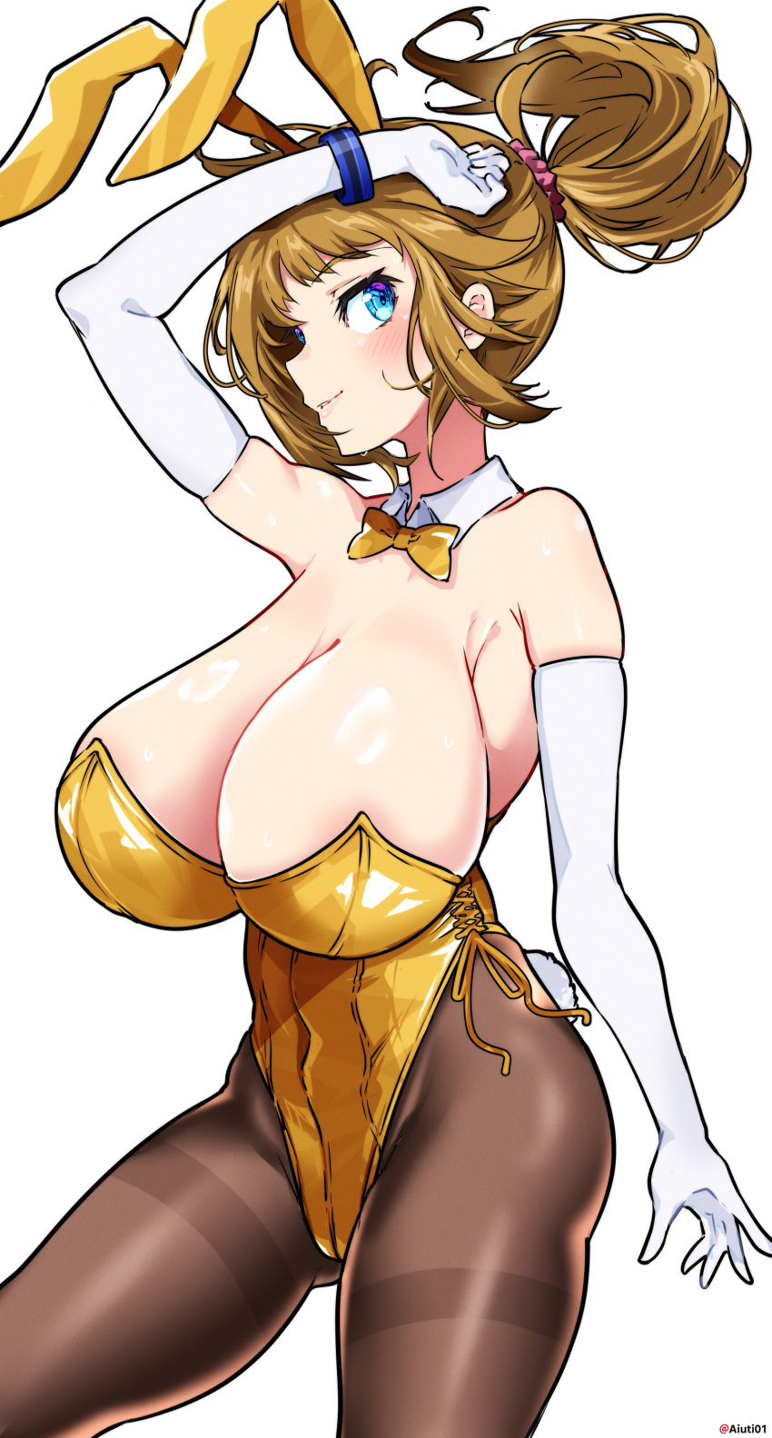 1girl absurdres aiuti animal_ears bare_shoulders black_pantyhose bow bowtie bracelet breasts cleavage commentary_request detached_collar elbow_gloves gloves gold_bowtie gold_leotard gundam gundam_build_fighters highres hoshino_fumina huge_breasts jewelry leotard pantyhose playboy_bunny pointy_breasts rabbit_ears rabbit_tail sagging_breasts side-tie_leotard solo standing strapless strapless_leotard tail thighband_pantyhose twitter_username white_background white_gloves