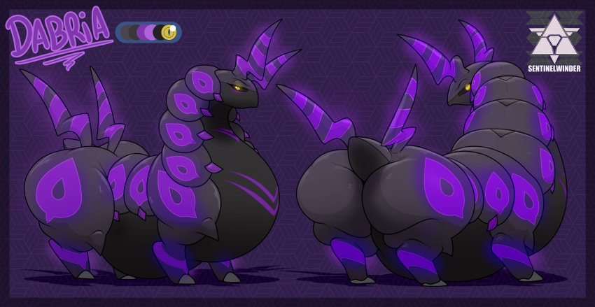 arthropod big_butt black_body black_sclera butt chubby_female dabria_(sentinelwinder) digital_media_(artwork) fat_neck female feral generation_5_pokemon glowing glowing_markings hi_res looking_back markings model_sheet nintendo overweight pokemon pokemon_(species) pupils purple_glow scolipede sentinelwinder solo yellow_pupils