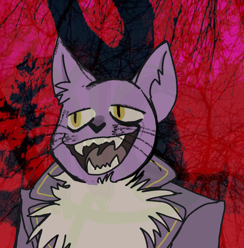 animal_humanoid anthro anthrofied domestic_cat double_breasted_suit felid felid_humanoid feline feline_ears felis fur hi_res humanoid mammal mammal_humanoid nastycat pocketcat_(fear_&amp;_hunger) purple_body purple_fur red_background simple_background solo yellow_eyes