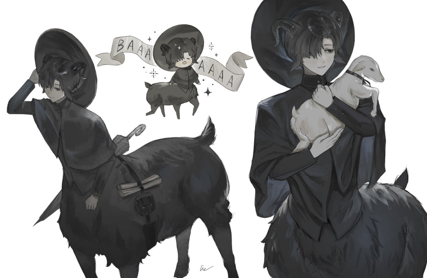 1boy animal animal_ears black_capelet black_fur black_hair black_headwear black_horns black_shirt capelet centauroid chibi chibi_inset cindymeimezu collared_capelet feet_out_of_frame goat goat_boy goat_ears goat_horns goat_tail hair_over_one_eye hand_on_headwear hands_up high_collar highres holding holding_animal hooves horns long_sleeves looking_at_animal male_focus monster_boy multiple_views muted_color original shirt short_hair simple_background smile sparkle standing taur umbrella upper_body white_background