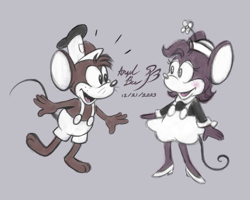 1920s_(style) 1boy 1girl absurdres angelbee623 animal_ears artist_name barefoot blush dated disney dress english_commentary greyscale highres mickey_mouse minnie_mouse monochrome mouse_boy mouse_nose open_mouth simple_background smile steamboat_willie toes toon_(style) walt_disney_(style) white_dress white_headwear