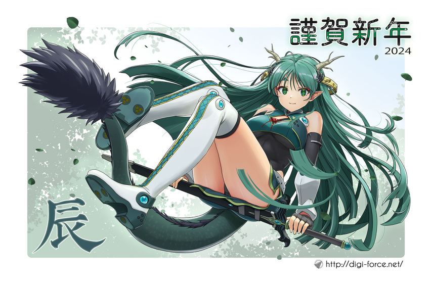 1girl black_gloves boots breasts chinese_zodiac closed_mouth commentary_request dragon_girl dragon_horns dragon_tail falling_leaves fingerless_gloves gloves green_eyes green_hair holding holding_sword holding_weapon horns kimura_shigetaka large_breasts leaf long_hair looking_at_viewer original pointy_ears sheath sheathed smile solo sword tail thighs very_long_hair weapon web_address white_footwear year_of_the_dragon