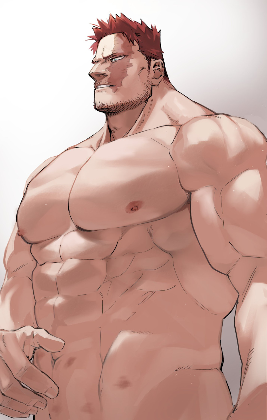 1boy abs bara boku_no_hero_academia burn_scar completely_nude endeavor_(boku_no_hero_academia) facial_hair gradient_background hand_on_own_stomach highres large_pectorals male_focus mature_male migi_(mm86262394) muscular muscular_male navel nipples nude pectorals red_hair scar scar_on_face short_hair sideburns simple_background solo teeth upper_body