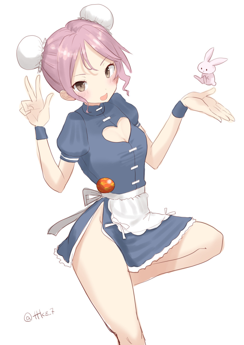 1girl apron blue_dress breasts bun_cover china_dress chinese_clothes cleavage clothing_cutout cowboy_shot double_bun dress frilled_apron frills hair_bun heart_cutout highres kantai_collection one-hour_drawing_challenge pink_eyes pink_hair puffy_short_sleeves puffy_sleeves rabbit sazanami_(kancolle) short_hair short_sleeves simple_background small_breasts standing standing_on_one_leg tetsukuzu_(yajirushi_shita) white_apron white_background wristband