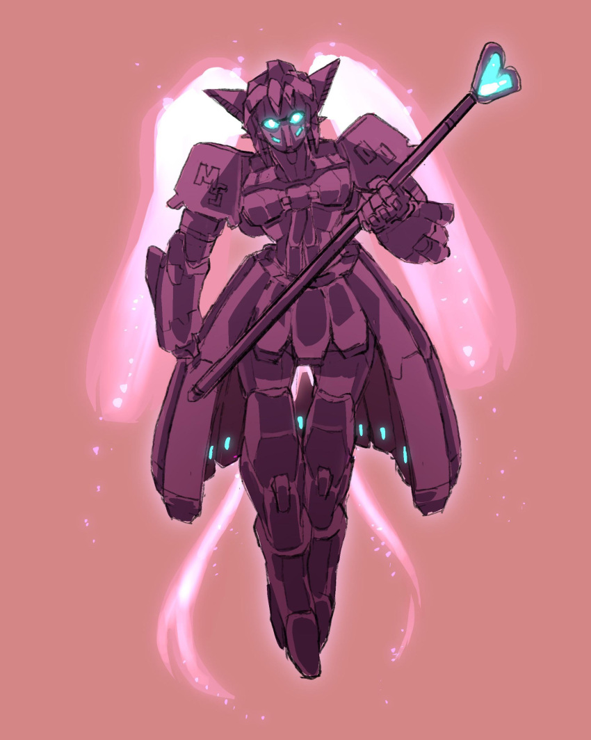 absurdres backlighting blue_eyes drawindrawmij energy_hair glowing glowing_eyes heart_wand highres holding holding_whip light_particles magical_girl mecha mecha_focus monochrome monochrome_background original pink_background robot science_fiction spot_color wand