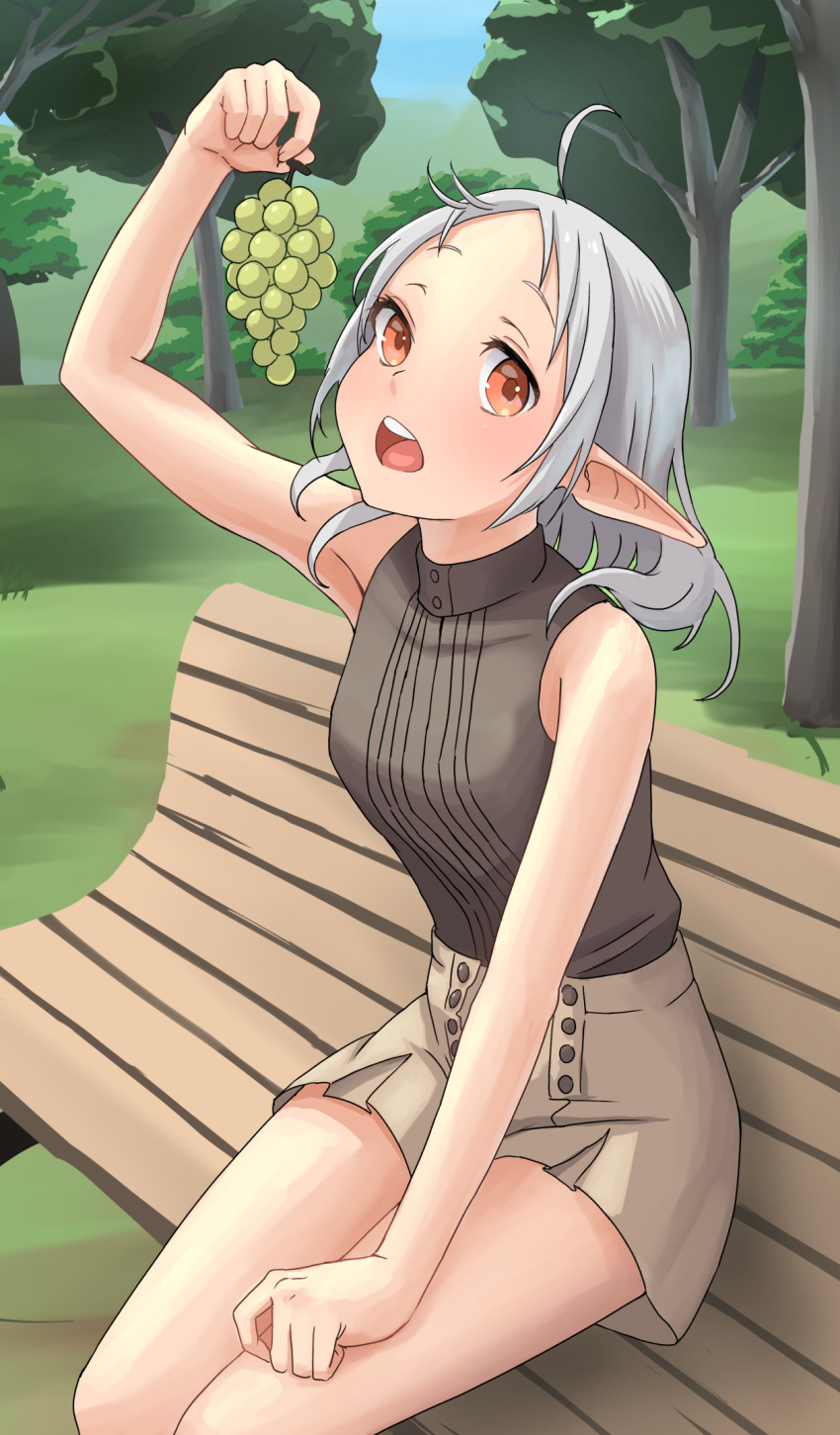 1girl ahoge arm_up bench black_shirt blue_sky brown_skirt day elf food fruit grapes grey_hair highres holding holding_food medium_hair mushoku_tensei orange_eyes outdoors park pointy_ears shirt skirt sky sleeveless sleeveless_shirt solo syagare sylphiette_(mushoku_tensei) tree