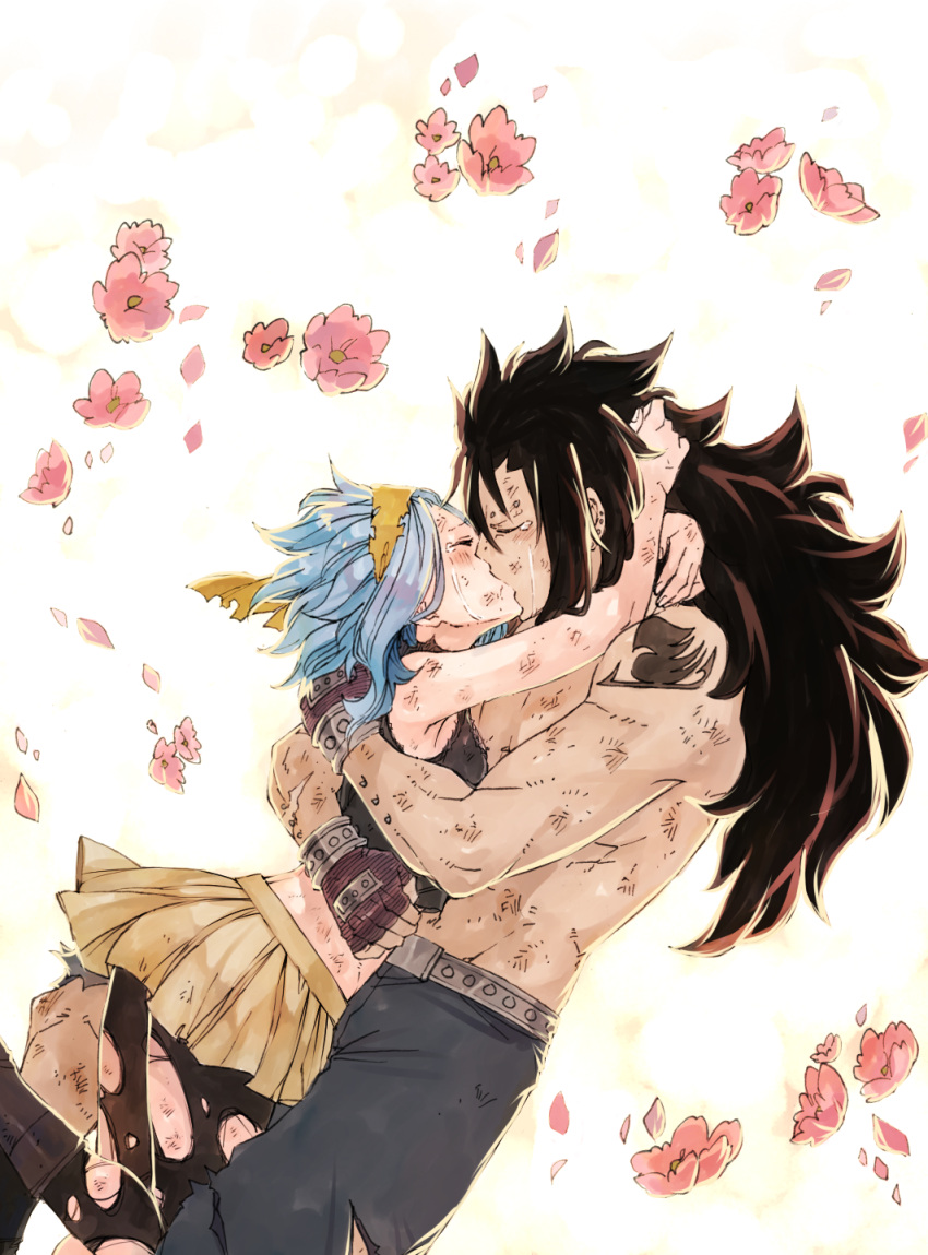 1boy 1girl arm_tattoo bad_id bad_tumblr_id belt black_hair blue_hair blush closed_eyes commentary cowboy_shot crop_top crying english_commentary fairy_tail falling_flower flower gajeel_redfox gloves hairband highres hug kiss levy_mcgarden long_hair medium_hair pants pantyhose pink_flower profile rusky skirt tattoo torn_clothes torn_pantyhose torso