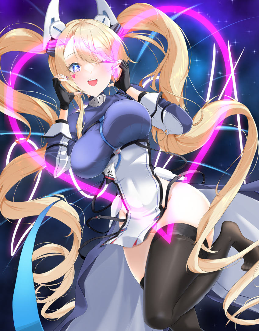 1girl ;d absurdres azur_lane black_gloves black_thighhighs blonde_hair blue_dress blue_eyes blue_ribbon bouncing_breasts breasts commentary_request covered_navel dress drill_hair facial_mark fingerless_gloves gloves groin guam_(azur_lane) hair_between_eyes headgear heart heart_facial_mark heart_hands highres kijipe large_breasts long_hair long_sleeves looking_at_viewer neck_ribbon no_shoes one_eye_closed open_mouth pelvic_curtain purple_eyes ribbon sidelocks skindentation sleeves_rolled_up smile solo sparkle standing standing_on_one_leg star-shaped_pupils star_(symbol) symbol-shaped_pupils thighhighs twin_drills twintails very_long_hair