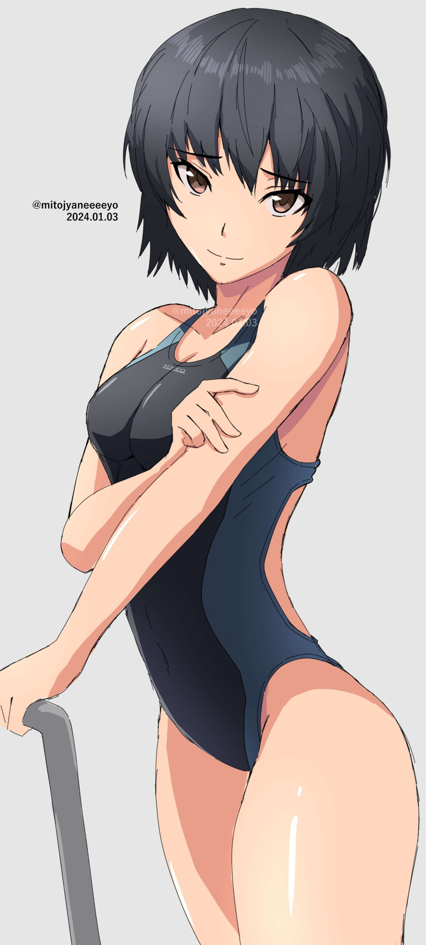 absurdres amagami black_hair black_one-piece_swimsuit bob_cut brown_eyes competition_swimsuit dated highres looking_at_viewer mitojyaneeeeyo nanasaki_ai one-piece_swimsuit pool_ladder short_hair swimsuit twitter_username two-tone_swimsuit watermark