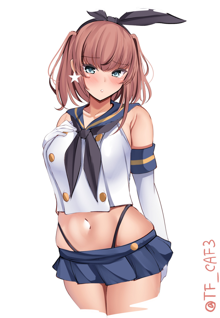 1girl atlanta_(kancolle) black_hairband black_neckerchief black_panties blue_sailor_collar blue_skirt breasts brown_hair cosplay crop_top earrings elbow_gloves gloves grey_eyes hairband highleg highleg_panties highres jewelry kantai_collection large_breasts long_hair looking_at_viewer microskirt navel neckerchief panties sailor_collar shimakaze_(kancolle) shimakaze_(kancolle)_(cosplay) skirt solo star_(symbol) star_earrings striped striped_thighhighs tf_cafe thighhighs thong two_side_up underwear white_gloves