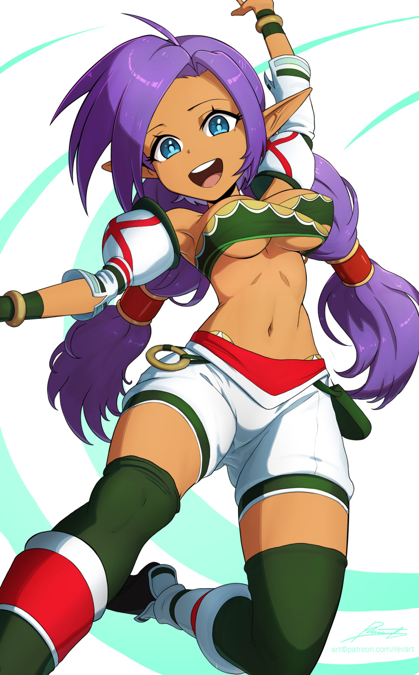 absurd_res blue_eyes breasts brown_body brown_skin clothing cosplay crossover crossover_cosplay female genie hair hi_res humanoid humanoid_pointy_ears long_hair looking_at_viewer navel not_furry open_mouth open_smile purple_hair revenant_(artist) shantae shantae_(series) signature simple_background smile solo soul_calibur talim_(soul_calibur) text twintails_(hairstyle) under_boob url wayforward