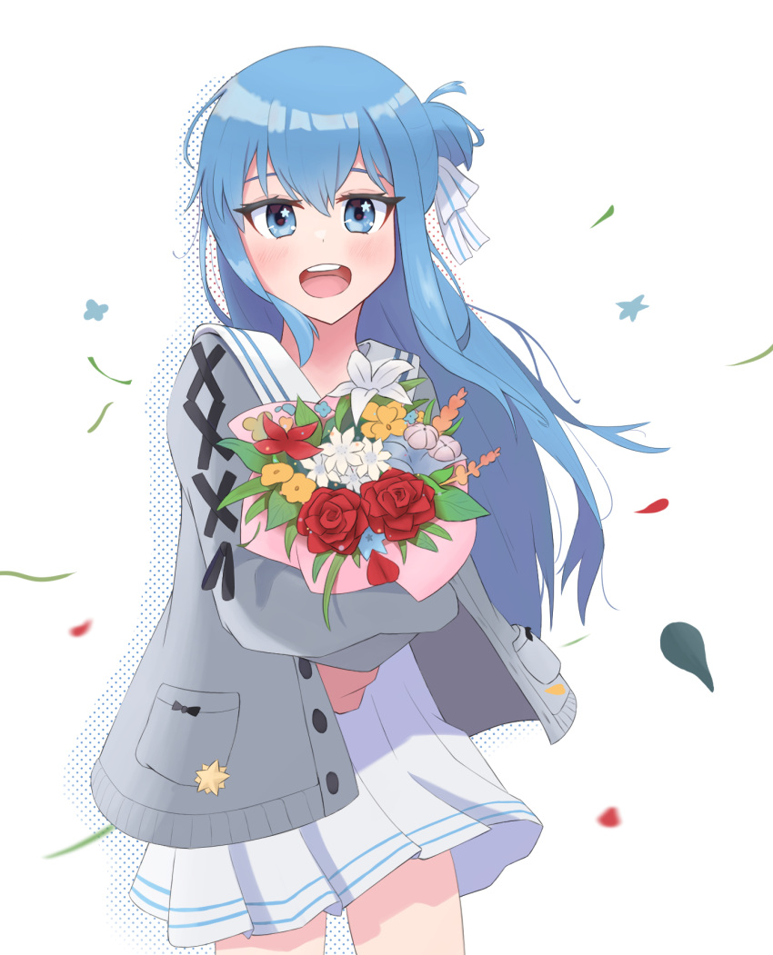 1girl artist_request blue_eyes blue_hair blush flower hair_bun highres hololive hoshimachi_suisei hoshimachi_suisei_(school_uniform) jacket long_hair long_sleeves looking_at_viewer non-web_source official_alternate_costume open_mouth skirt smile solo source_request virtual_youtuber white_skirt