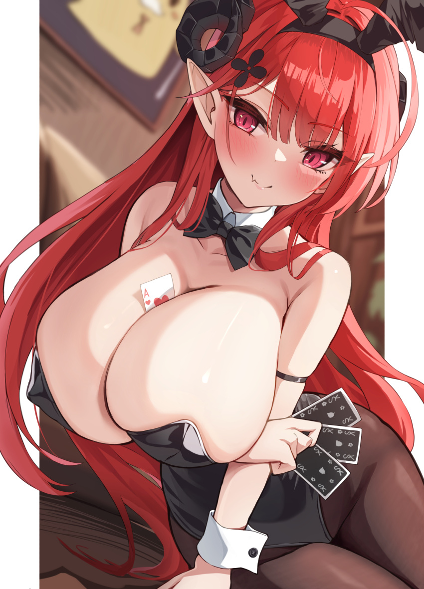 1girl ace_(playing_card) ace_of_hearts animal_ears azur_lane bare_shoulders between_breasts black_horns black_leotard bow bowtie breasts brown_pantyhose card card_between_breasts curled_horns demon_horns detached_collar fake_animal_ears hair_ornament heart highres hindenburg_(azur_lane) hindenburg_(delirious_duel)_(azur_lane) holding holding_card horns huge_breasts humo leotard long_hair looking_at_viewer official_alternate_costume pantyhose playboy_bunny playing_card pointy_ears rabbit_ears red_eyes red_hair slit_pupils solo strapless strapless_leotard traditional_bowtie undersized_breast_cup very_long_hair wrist_cuffs