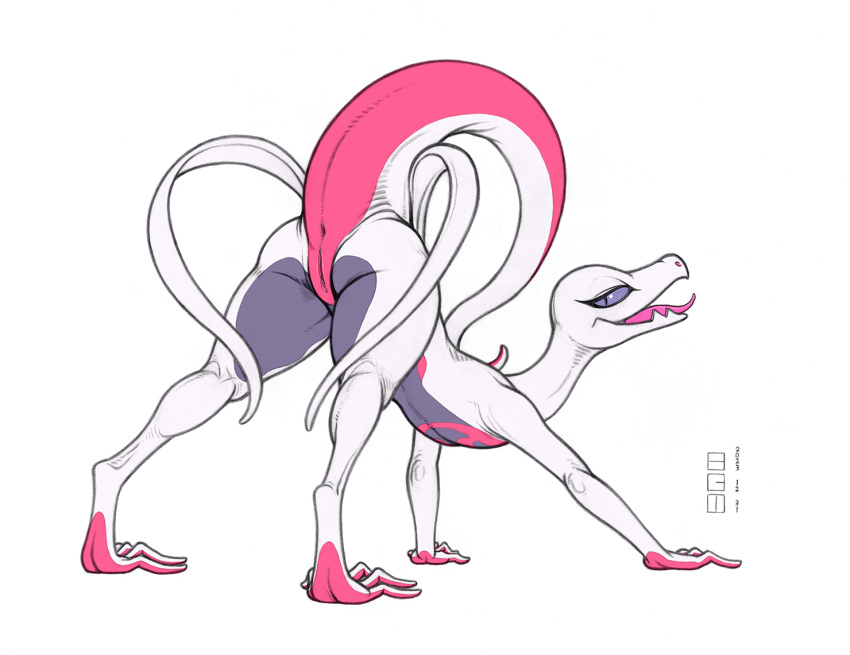 2023 all_fours anthro anthrofied anus ass_up digitigrade ecmajor eyelashes female flat_chested generation_7_pokemon genitals half-closed_eyes long_toes looking_at_viewer looking_back narrowed_eyes nintendo nude pokemon pokemon_(species) pupils purple_eyes pussy raised_tail salazzle shiny_pokemon simple_background slit_pupils solo tail tiptoes white_background