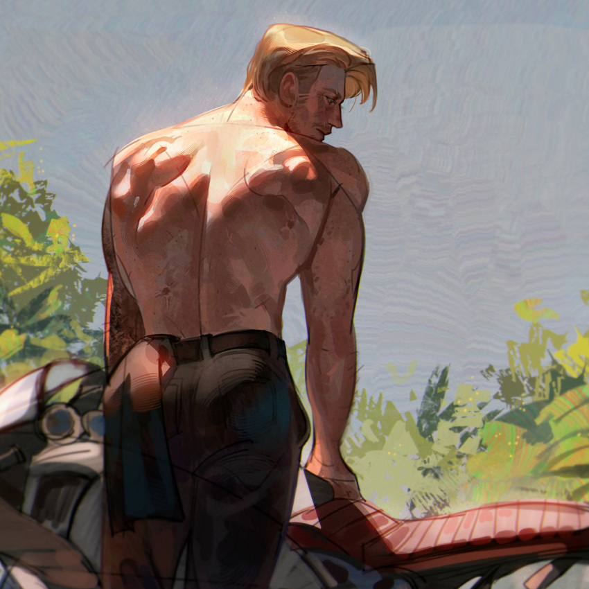 1boy arm_tattoo back bara black_pants blonde_hair call_of_duty call_of_duty:_modern_warfare_2 closed_mouth ghost_(modern_warfare_2) highres male_focus motor_vehicle motorcycle muscular muscular_male pants sasha_shkret short_hair solo tattoo topless_male