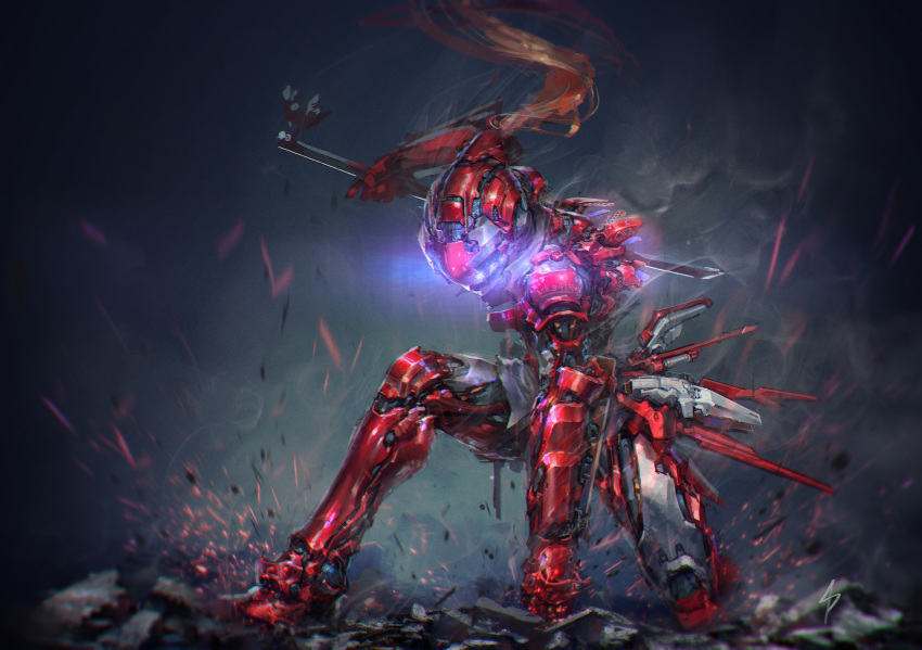 1girl blue_eyes clenched_hand floating_hair gas1 glowing glowing_eyes ground_shatter highres holding holding_sword holding_weapon humanoid_robot no_humans one_knee original red_hair robot science_fiction solo superhero_landing sword weapon