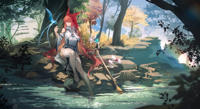 1girl animal_ears bird bird_on_hand blurry brown_eyes bush cat_ears clothing_cutout depth_of_field dress final_fantasy final_fantasy_xiv foliage forest full_body highres long_bangs long_hair looking_to_the_side mage_staff mask miqo'te nature pelvic_curtain rainbow red_hair rff_(3_percent) river riverbank rock shoulder_cutout silver_mask sitting sitting_on_rock slit_pupils solo thighhighs tree turtleneck_dress unworn_mask very_long_hair warrior_of_light_(ff14) wet_thighhighs white_dress white_mage white_thighhighs