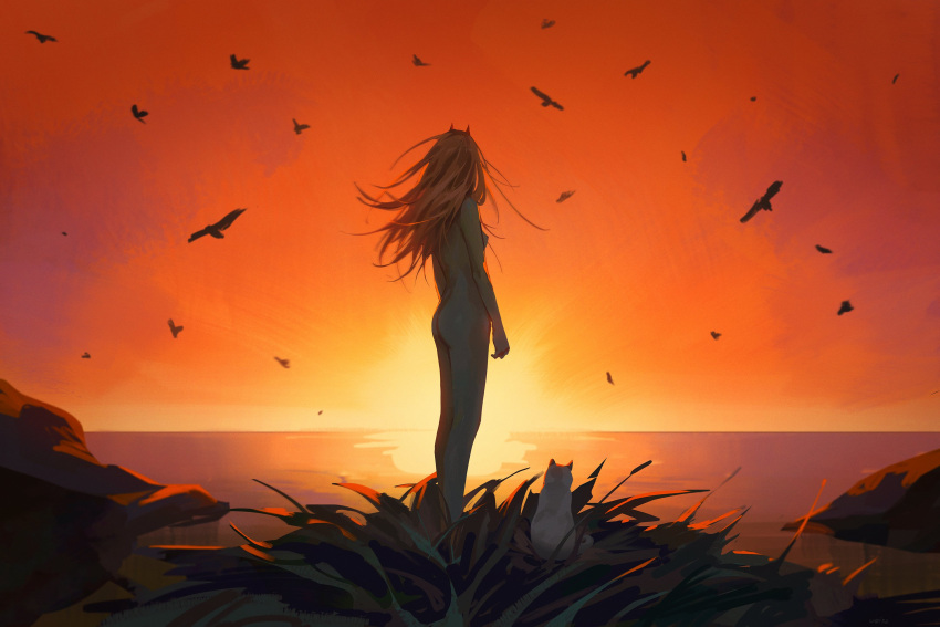 1girl ass bird breasts cat chainsaw_man commentary completely_nude from_behind grass highres horizon horns long_hair meowy_(chainsaw_man) nipples nude ocean orange_hair power_(chainsaw_man) red_horns small_breasts sunset uqi32