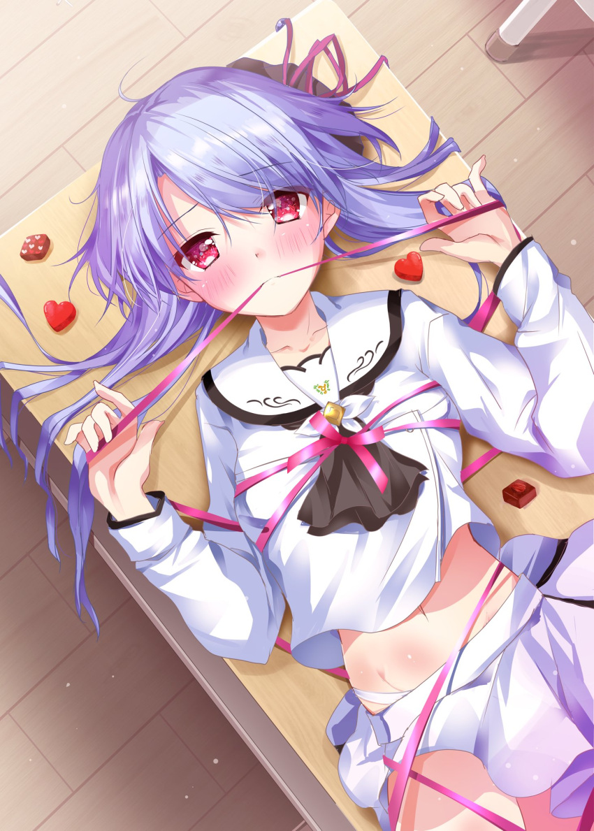 1girl asahina_yori ascot black_ascot blue_hair blush bow closed_mouth clothes_lift collarbone commentary_request cowboy_shot dutch_angle eyes_visible_through_hair from_above hair_ribbon hair_spread_out hands_up heart highres indoors long_hair long_sleeves looking_at_viewer lying miniskirt mouth_hold navel on_back panties panty_peek pink_bow pink_ribbon red_eyes ribbon ribbon_in_mouth sailor_collar school_uniform shirt shirt_lift shy skirt skirt_lift solo sorakado_ao summer_pockets swept_bangs underwear w_arms white_panties white_sailor_collar white_shirt white_skirt