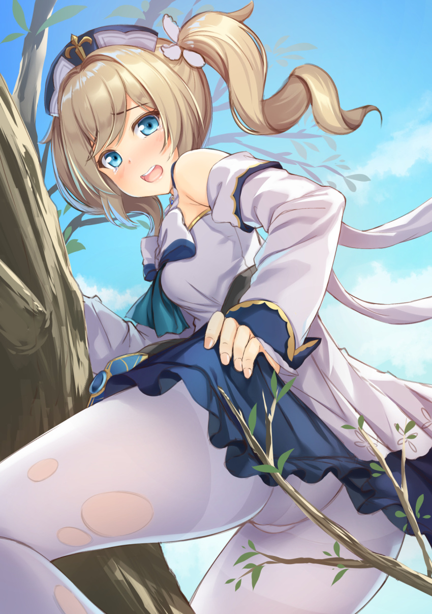 1girl :d barbara_(genshin_impact) bare_shoulders blonde_hair blue_eyes blue_sky blush climbing_tree drill_hair genshin_impact hat highres kageira lifted_by_self looking_at_viewer open_mouth skirt skirt_lift sky smile solo tears torn_clothes torn_legwear tree_branch twin_drills twintails white_legwear