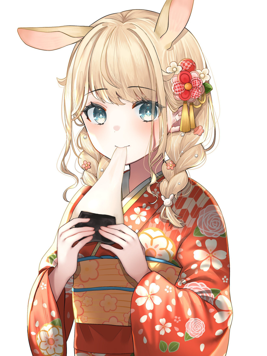 1girl absurdres animal_ears blonde_hair blush braid closed_mouth eating floral_print floral_print_kimono flower flower_braid food furisode hair_flower hair_ornament highres hololive japanese_clothes kanzashi kazama_iroha kimono looking_at_viewer low_twin_braids medium_hair mochi obi orange_kimono rabbit_ears sash simple_background smile solo tassel tassel_hair_ornament twin_braids upper_body virtual_youtuber white_background wide_sleeves yoshioka_(today_is_kyou)