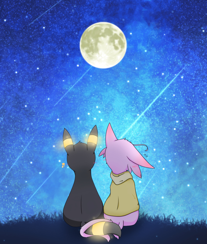 2023 ambiguous/ambiguous ambiguous_gender azurepicker black_body black_ear_tips black_ears black_fur black_tail black_tail_tip blush bottomless cheek_tuft clothed clothed_feral clothing colored detailed_background digital_media_(artwork) duo ear_blush ear_markings eeveelution entwined_tails espeon facial_tuft felid feline feral feral_on_feral full_moon fur generation_2_pokemon glowing glowing_body glowing_fur glowing_markings grass hi_res hoodie hoodie_only kemono mammal markings monotone_body monotone_ears monotone_fur monotone_tail moon multicolored_body multicolored_ears multicolored_fur multicolored_tail musical_note night nintendo one_ear_up outside pink_body pink_ears pink_fur pink_tail plant pokemon pokemon_(species) rear_view romantic romantic_couple shaded shooting_star sitting sky star starry_sky tail tail_coil tail_markings topwear topwear_only tuft two_tone_body two_tone_ears two_tone_fur two_tone_tail umbreon yellow_body yellow_clothing yellow_ears yellow_fur yellow_hoodie yellow_markings yellow_tail yellow_topwear