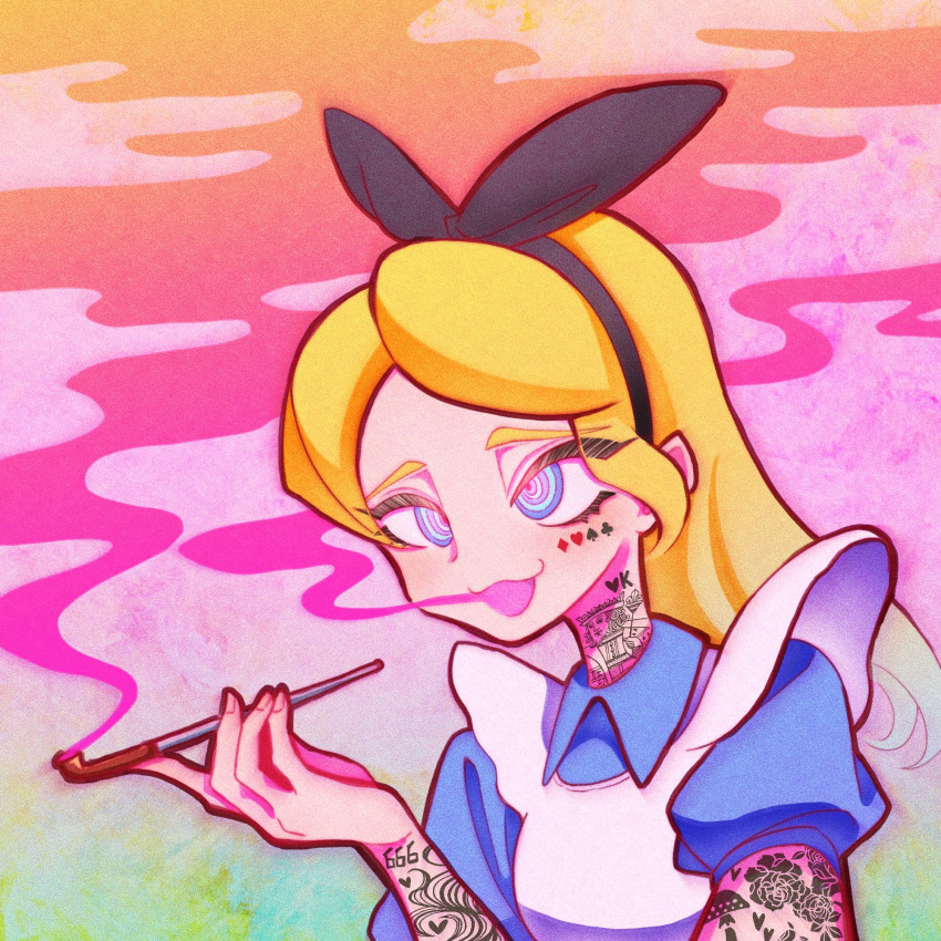 1girl alice_(wonderland) alice_in_wonderland alison_(alison_airlines) apron black_hairband blonde_hair blue_dress collared_dress dress hairband hand_up highres long_hair open_mouth puffy_short_sleeves puffy_sleeves short_sleeves smile smoke solo tattoo upper_body white_apron